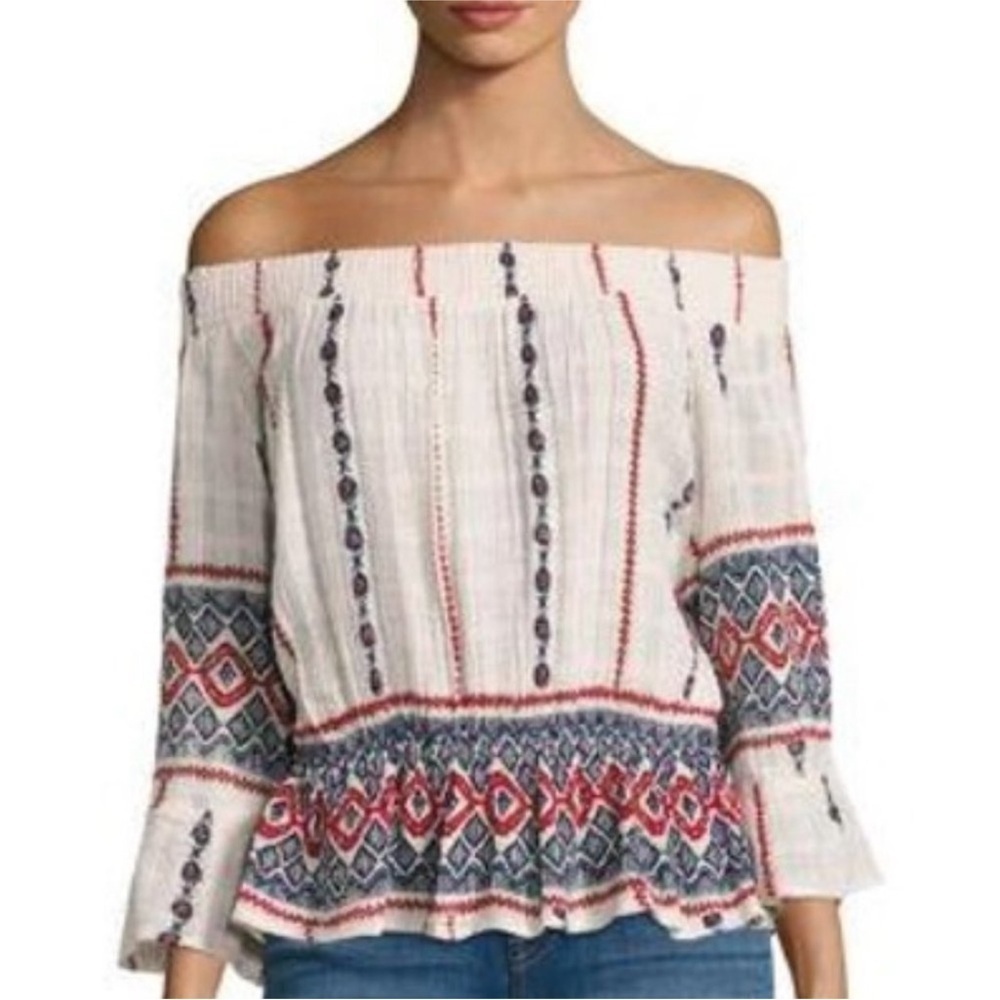 Anthropologie Raga Amalia Off Shoulder Cotton Gauze Peasant Top Ivory Blue Red M - Picture 11 of 11